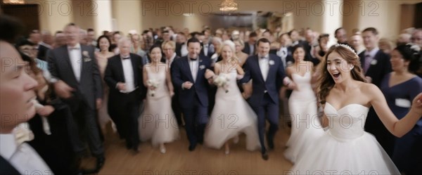 A jubilant moment at a wedding with the couple and guests in a celebratory haze, horizontal wide aspect ratio, daylight, AI generated