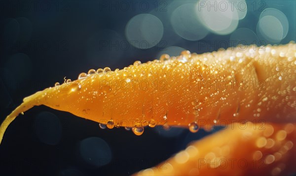 Macro shot of a fresh orange peel with water drops on it AI generated