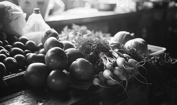 Tomatoes in a wooden box on the market. Black and white AI generated