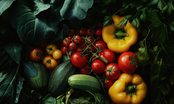 Variety of fresh vegetables background. Top view, flat lay AI generated