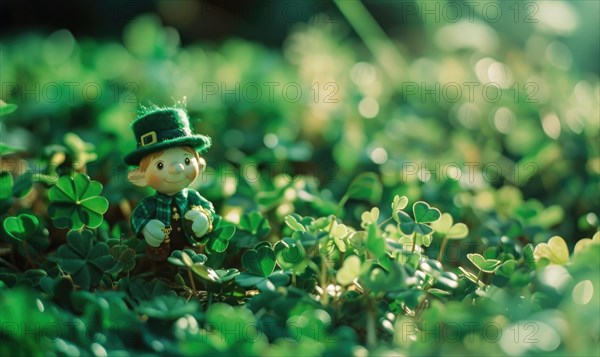 Saint Patrick's Day. Leprechaun sitting on clover. AI generated