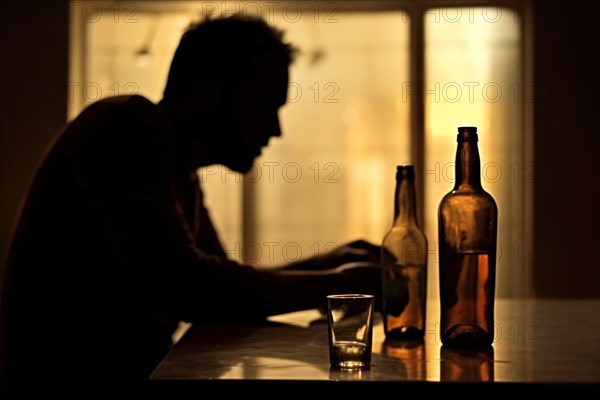 Alcoholism concept. Silhouette of man with alcohol bottles and drinking glass on table. KI generiert, generiert AI generated