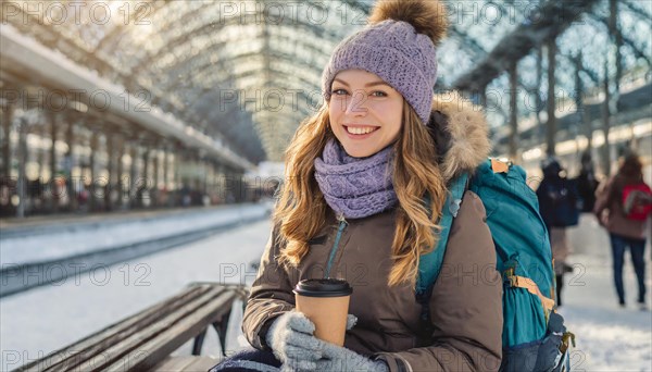 AI generated, A young blonde woman wants to travel and waits for the train at the station, 20, 25, blonde, blond, blonde, modern, noderne, aluminium suitcase, handbag, winter jacket, boots, sexy, attractive, attractive, long-haired, transport, traffic, coffee to go in hand, coffee, coffee cup