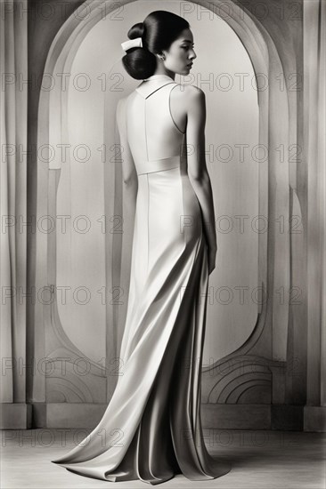 Thin asian Woman in a minimalist dress, seen from behind, in front of a curvilinear architectural feature, AI generated