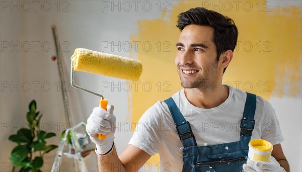 AI generated, man, men, a painter paints a wall with new yellow paint, father, renovation of old flat, paint roller, ladder, yellow, paint, 25, 30, years, a, person, occupation, occupations, leisure activity, family, smiles, smiling, fun at work, laughing, laughing, laughing, friend, partner, man