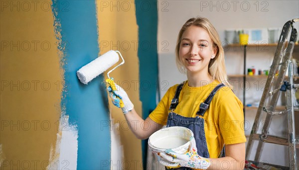 AI generated, woman, woman, a young girl paints a wall with new paint, white, white, renovation of old flat, paint roller, ladder, paint, 20, 25, years, one, one person, daughter, student, pastime, family, girl, smiling, smiling, fun at work, laughing, laughing, laughing, dungarees, jeans