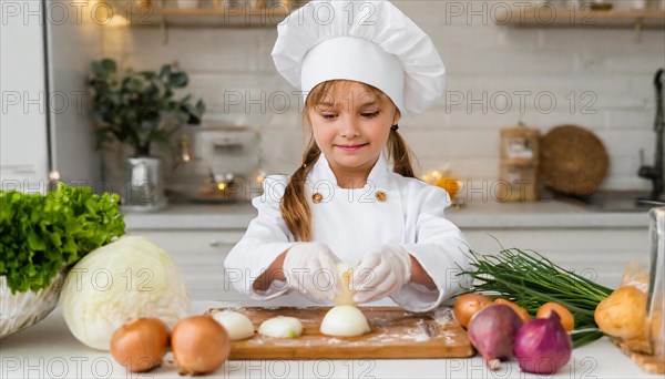 AI generated, human, humans, person, persons, child, children, 8 year old girl cutting onions in a white kitchen, chef hat, smock, cute, cute, beautiful eyes, beautiful teeth, cook, cook, kitchen table, vegetables, onions, garlic