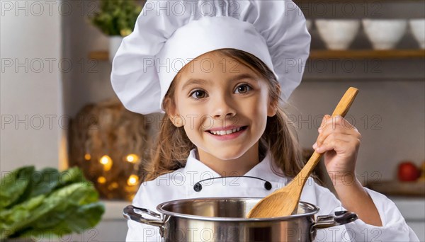 AI generated, human, humans, person, persons, child, children, 8 year old girl cooking a vegetable soup in a white kitchen, chef's hat, smock, cute, cute, cute, beautiful eyes, beautiful teeth, cook, cook, kitchen table, vegetables, onions, garlic