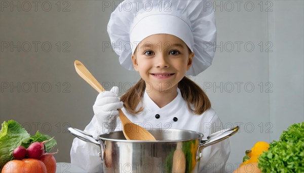 AI generated, human, humans, person, persons, child, children, 8 year old girl cooking a vegetable soup in a white kitchen, chef's hat, smock, cute, cute, cute, beautiful eyes, beautiful teeth, cook, cook, kitchen table, vegetables, onions, garlic