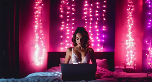 Sexy woman in lingerie with a laptop on the bed broadcasts online, webcam model erotic scene, AI generated
