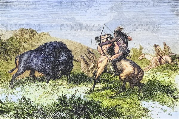 American Indians hunting buffalo. From American Pictures Drawn With Pen And Pencil by Rev Samuel Manning c. 1880, United States, America, Historic, digitally restored reproduction from a 19th century original, Record date not stated, North America