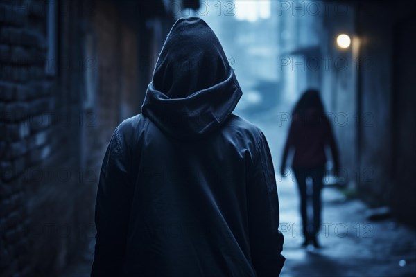 Back view of hooded man walking behind woman in dark street at night. Concept for secual assault. KI generiert, generiert AI generated