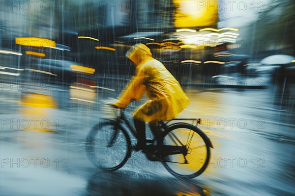 A cyclist captured in motion blur wearing a yellow coat on a wet road in the rain, AI generated, AI generated
