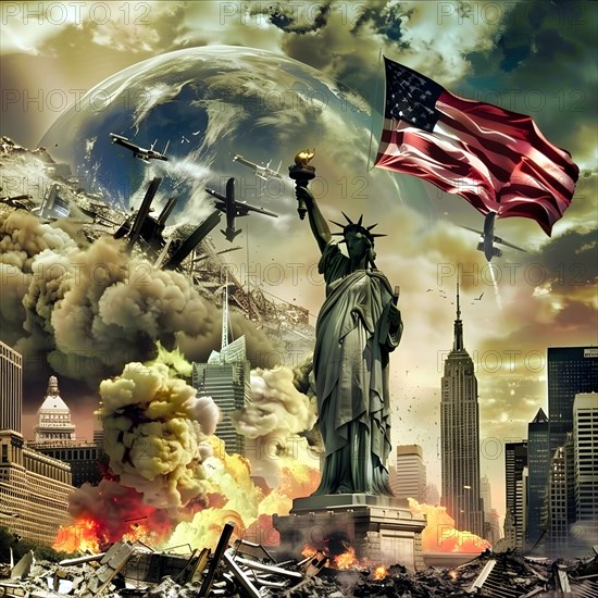 A collage of New York, with the Statue of Liberty, explosions, collapsing skyscrapers US flag and the Empire State Building in the background, AI generated, AI generated