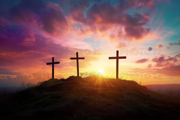 Easter concept three crosses on Golgotha Calvary hill against a dramatic sunset, AI generated