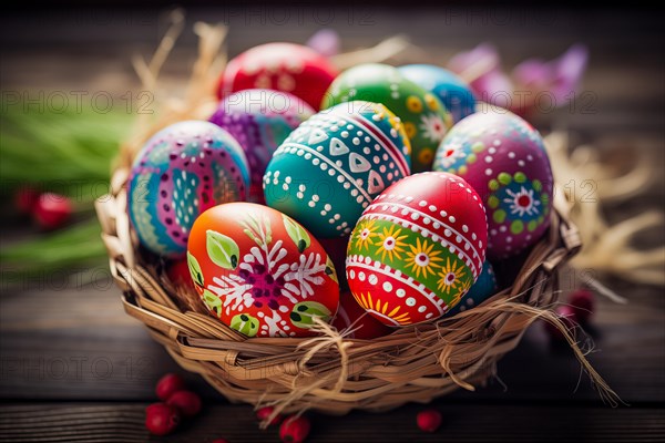 Easter celebration, featuring a collection of brightly colored eggs, each intricately painted with various patterns and designs, placed in a wicker basket, AI generated