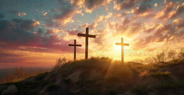 Easter concept three crosses on Golgotha Calvary hill against a dramatic sunset, AI generated