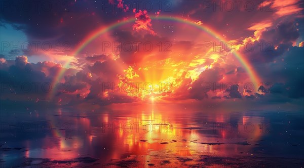 A tranquil seascape with a vibrant rainbow reflected in the ocean against a sunset backdrop, ai generated, AI generated