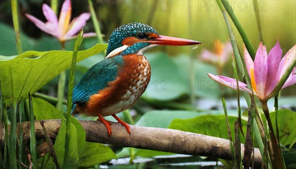 KI generated, animal, animals, bird, birds, biotope, habitat, a, individual, water, perch, reeds, water lilies, blue sky, foraging, wildlife, summer, seasons, white-throated kingfisher (Halcyon smyrnensis)