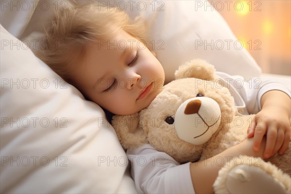 Small toddler child sleeping in bed while hugging teddy bear toy. KI generiert, generiert AI generated