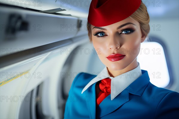 Beautiful stewardess in blue uniform in airplane. KI generiert, generiert AI generated