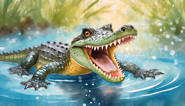 Funny little crocodile, coloured watercolour, watercolours, drawing, painting, AI generated, AI generated