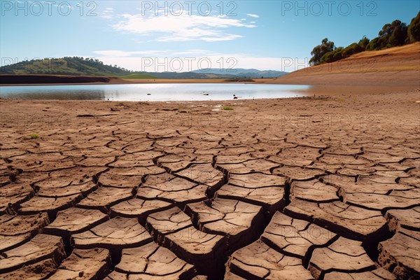 Dry cracked up earth and dried up lake. Climate change, water shortage and global warming concept. KI generiert, generiert AI generated