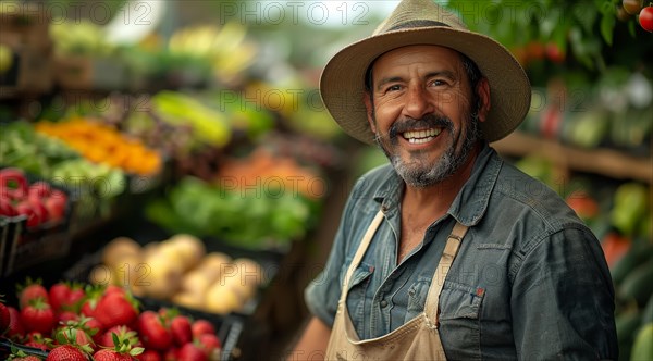 Cheerful man with a hat standing at a produce stand filled with fresh vegetables, ai generated, AI generated