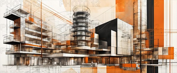 Sketch and orange color overlay of a modern, conceptual urban building design, horizontal aspect ratio, off white background, AI generated