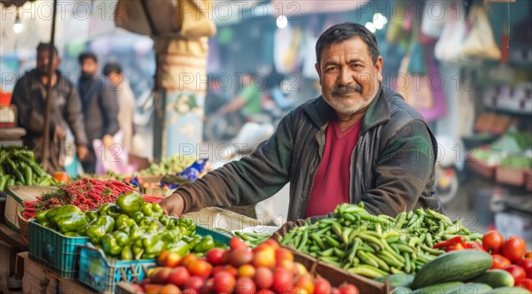 Cheerful vendor in a warm jacket at a vegetable stand filled with bell peppers and tomatoes, ai generated, AI generated