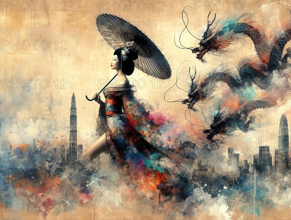 Fantasy artwork featuring asian geisha style sexy woman wearing long tail kimono with an umbrella and dragons against a city skyline with vivid colors, japanese themed shunga style based, muted white background, AI Generated, AI generated
