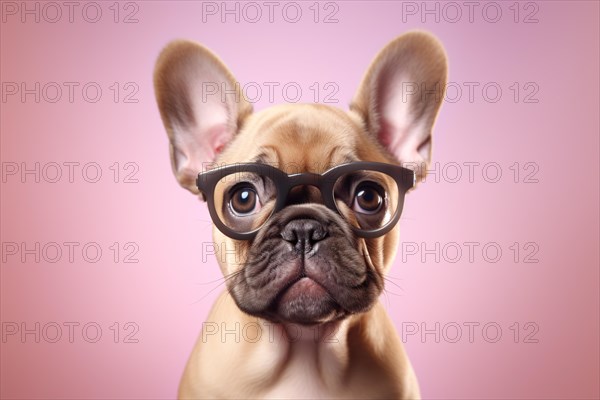 French Bulldog dog with black reading glasses on pink background. KI generiert, generiert AI generated