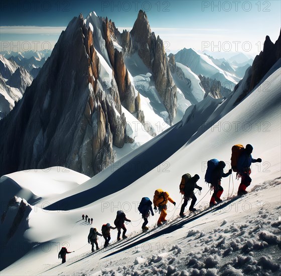 A rope team of mountaineers climbs up a steep snowy slope in the mountains, symbolic image mountaineering, climbing, mountain landscape, extreme sport, mountain hike, KI generated, AI generated