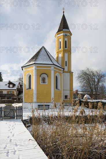 Snow-covered church in winter, St Alban's Church, Diessen, Lake Ammer, Fuenfseenland, Pfaffenwinkel, Upper Bavaria, Bavaria, Germany, Europe