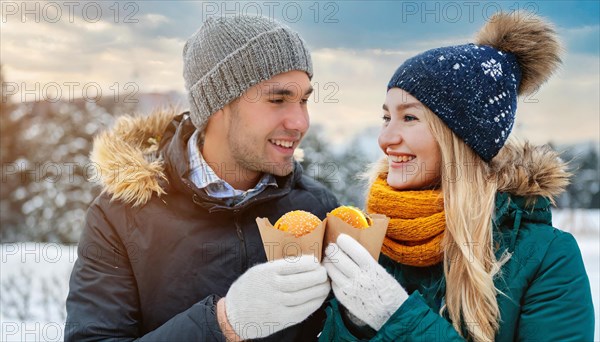 AI generated, human, humans, person, persons, man, woman, woman, 25, 30, years, two, outdoor, ice, snow, winter, seasons, eats, eat, drinks, drinking, cap, bobble hat, gloves, winter jacket, cold, cold, burger, hamburger, coffee to go, coffee, coffee mug