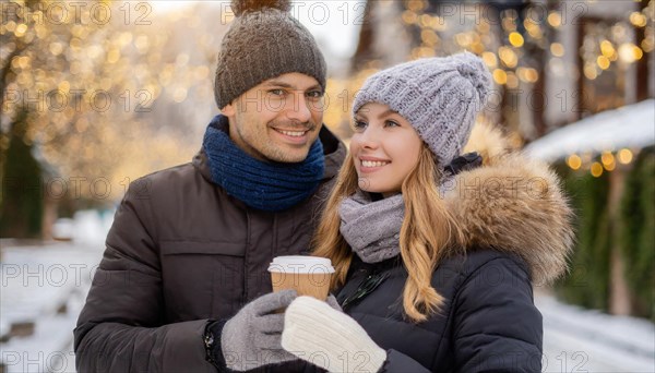 AI generated, human, humans, person, persons, man, woman, woman, 25, 30, years, couple, two persons, outdoor shot, ice, snow, winter, seasons, drinks, drinking, coffee to go, coffee, coffee mug, cap, bobble hat, gloves, winter jacket, cold, coldness