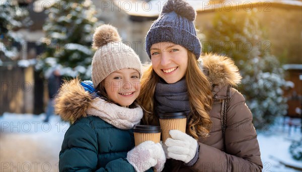 AI generated, human, humans, person, persons, woman, woman, child, children, two, mother and daughter, 10, 30, years, outdoor, ice, snow, winter, seasons, drinks, drinking, coffee, coffee mug, coffee to go, hat, bobble hat, gloves, winter jacket, cold, coldness