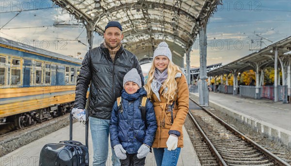 AI generated, A young family wants to travel and waits in the station for the train, 30, 35, years, blond, blonde, man, woman, child, children, 10, 12, modern, modern, suitcase, handbag, winter jacket, white, sneakers, shoes, sexy, attractive, attractive, long-haired, transport, traffic, three people, family