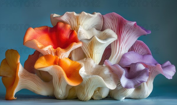 Still life with group of yellow and orange chanterelle mushrooms AI generated