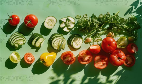 Fresh vegetables on a green background. Top view. Flat lay. AI generated