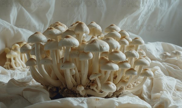 Shimeji mushrooms on white fabric background. Shimeji mushrooms. AI generated