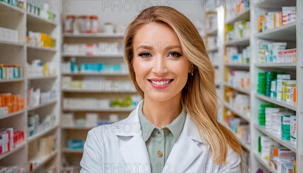 AI generated, A young pharmacist in her pharmacy, portrait, 30, 35, years, female, blonde, blond, blonde, beautiful teeth, smiles, long hair, profession, professions, medicines in the background