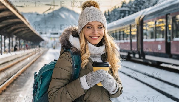 AI generated, A young blonde woman wants to travel and waits for the train at the station, 20, 25, blonde, blond, blonde, modern, noderne, aluminium suitcase, handbag, winter jacket, boots, sexy, attractive, attractive, long-haired, transport, traffic, coffee to go in hand, coffee, coffee cup