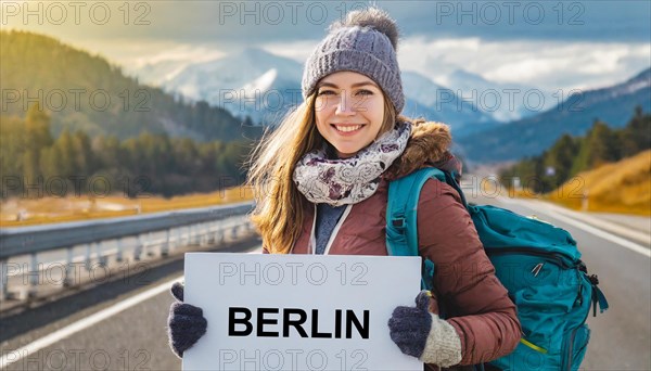 AI generated, human, humans, person, persons, woman, woman, one person, 20, 25, years, outdoor shot, seasons, cap, bobble hat, gloves, winter jacket, cold, cold, backpack, woman wants to travel, hitchhiking, hitchhiking, hitchhiking, road, motorway, sign saying Berlin
