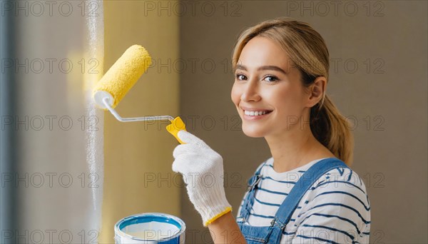 AI generated, woman, woman, a young woman paints a wall with new paint, yellow, yellow, yellowing, renovation of old flat, paint roller, ladder, paint, 20, 25, years, a, a person, daughter, student, pastime, family, girl, smiling, smiling, fun at work, laughing, laughing, laughing, dungarees, jeans