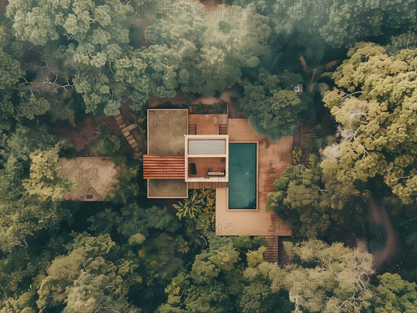 Aerial shot of a secluded house with a swimming pool surrounded by dense greenery, Playa del Carmen beach in Mexico, AI generated