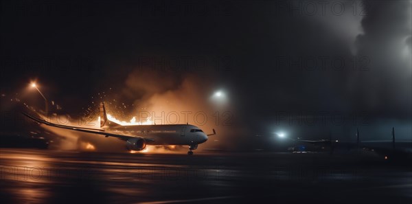 Plane crash, plane burns in stormy sky, emergency landing of plane, AI generated