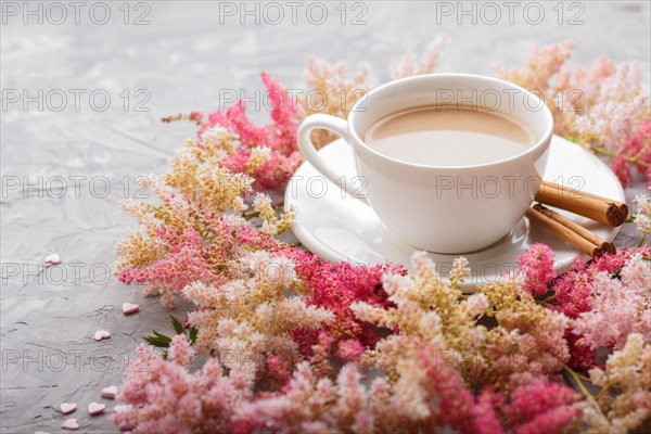 Pink and red astilbe flowers and a cup of coffee on a gray concrete background. Morninig, spring, fashion composition. side view, close up, selective focus