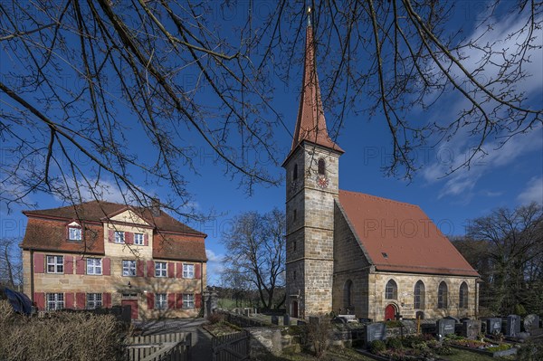 St Egidien Church with the historic vicarage from 1734, Beerbach, Middle Franconia, Bavaria, Germany, Europe