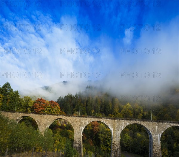 Railway bridge in the Ravenna Gorge, Hoellental in autumn, near Freiburg im Breisgau, Black Forest, Baden-Wuerttemberg, Germany, Europe